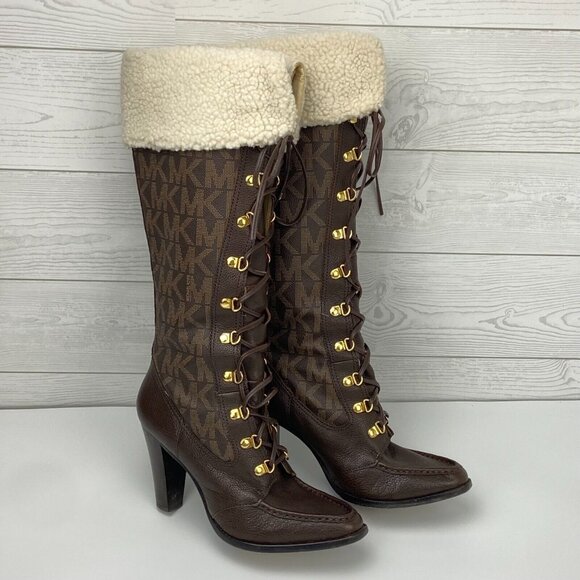 Michael Kors Women's 10 Leather Lace Up Boots Warrior Logo Chocolate Sherpa Cuff - Picture 1 of 9